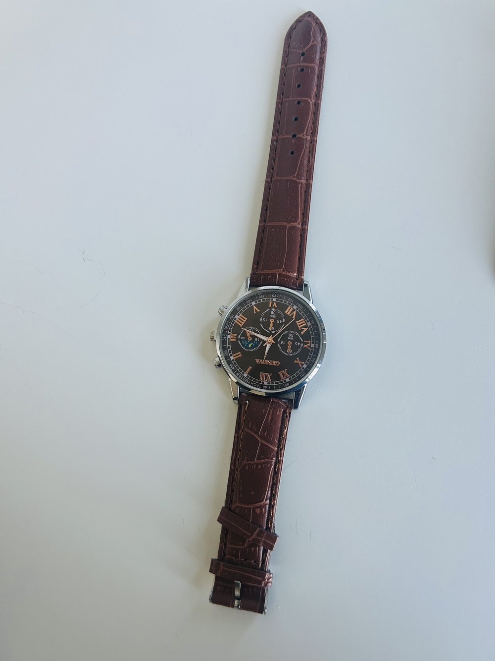 Geneva Brown Leather Strap Watch with Black Dial and Rose Gold Accents
